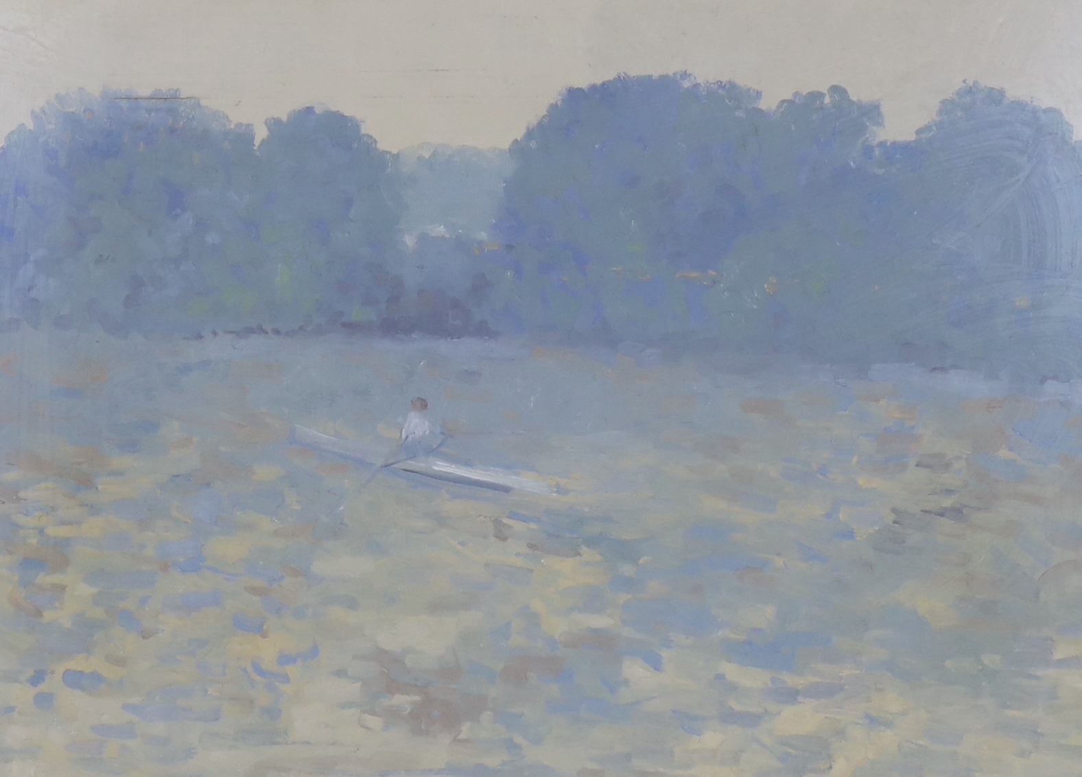 Bernard Myers (1925-2007), oil on card, 'The Sculler', monogrammed, 52 x 73cm